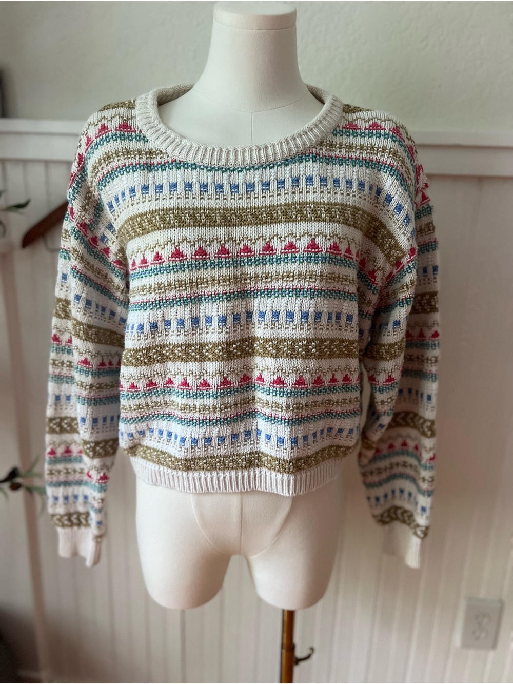 Vtg LizSport Sweater L Cotton Ramie Linen Fair Isle Cottagecore 90s Butter Mom
